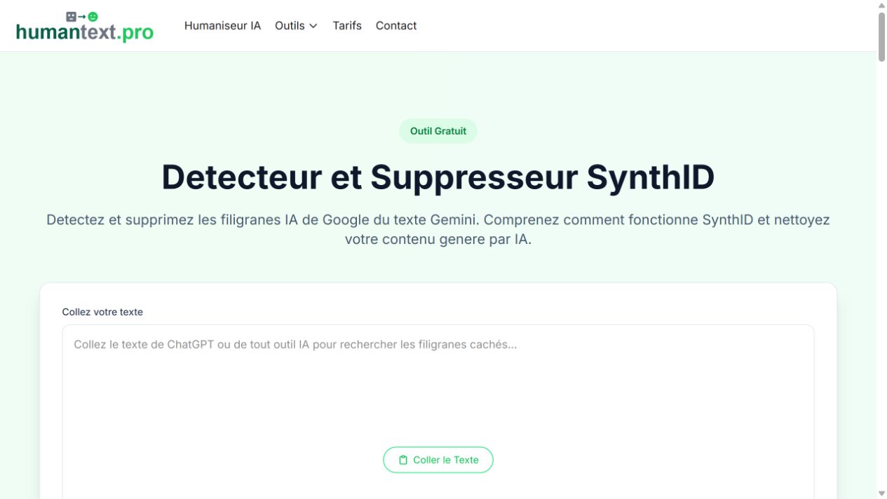 HumanText SynthID detector and remover page displayed in French
