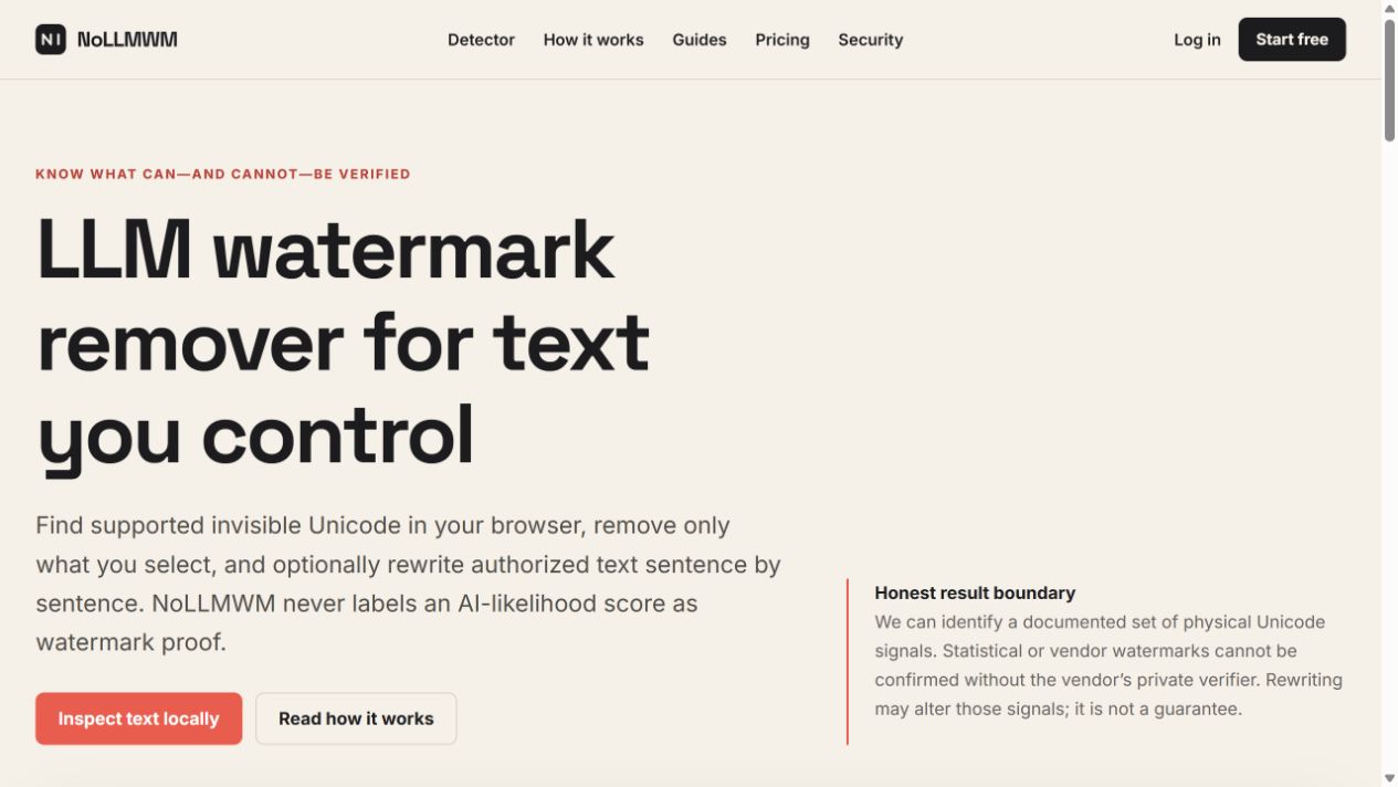 NoLLMWM homepage showing its local text watermark inspection offer