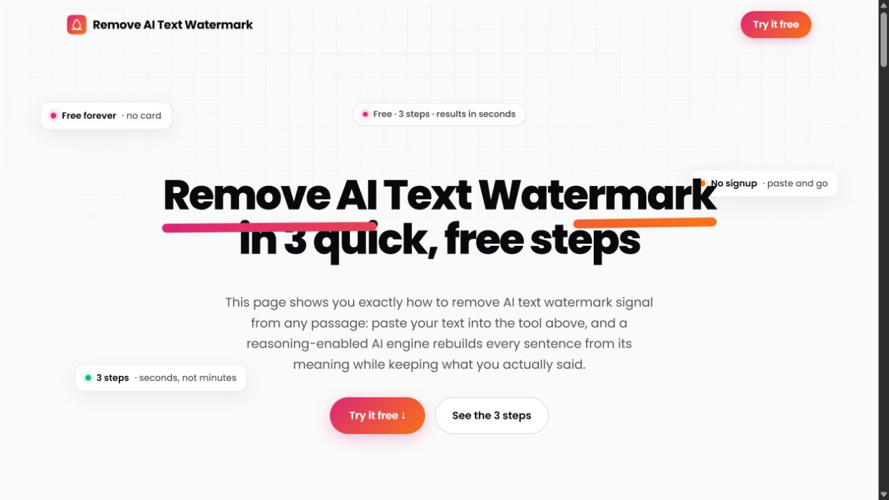 Remove AI Text Watermark homepage showing its free three-step rewrite offer