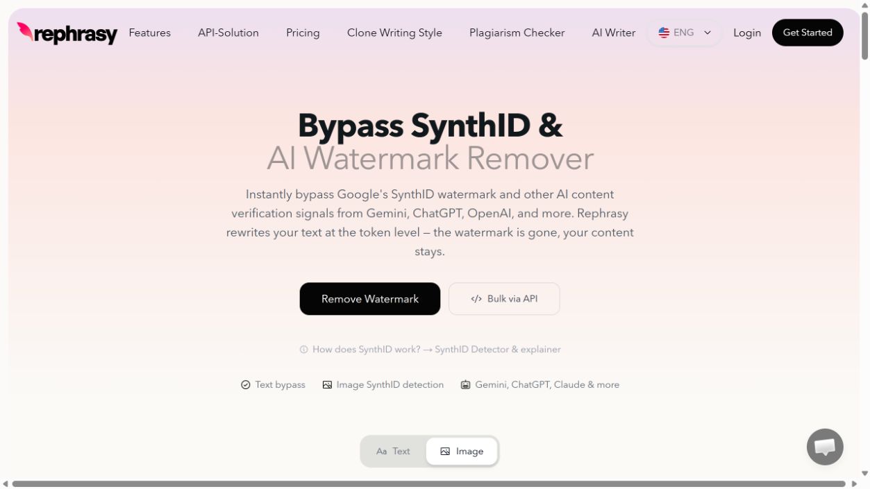 Rephrasy SynthID Bypass and AI Watermark Remover page