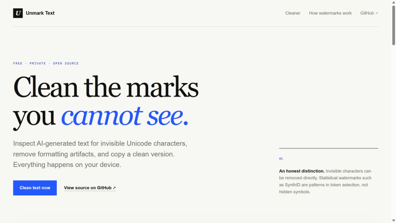 Unmark Text homepage showing its invisible character cleaner
