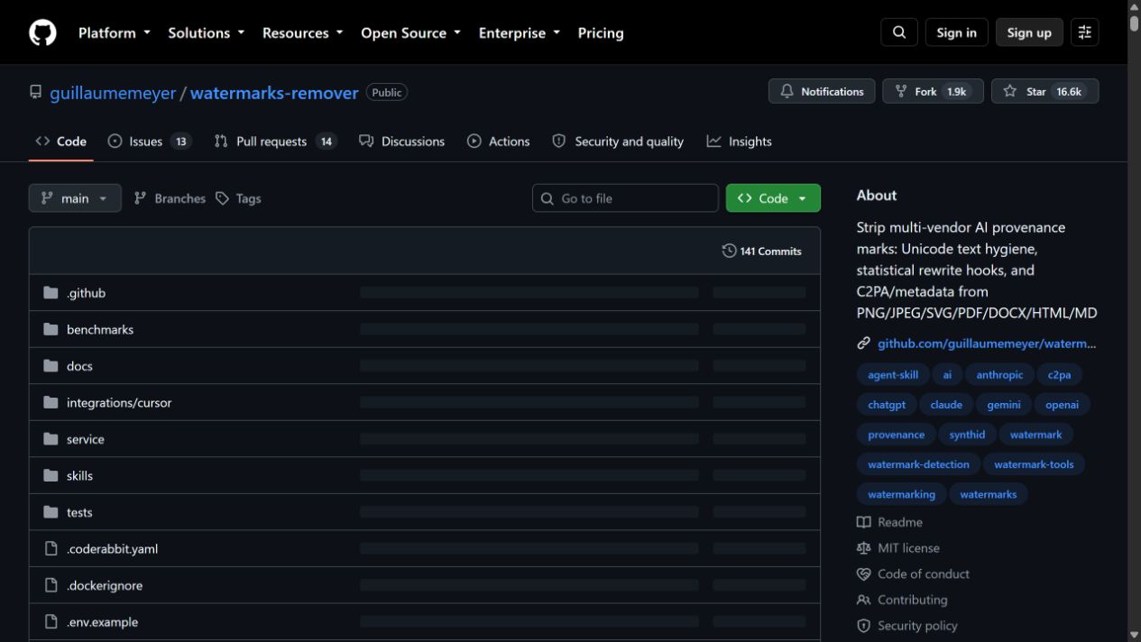 GitHub repository page for watermarks-remover